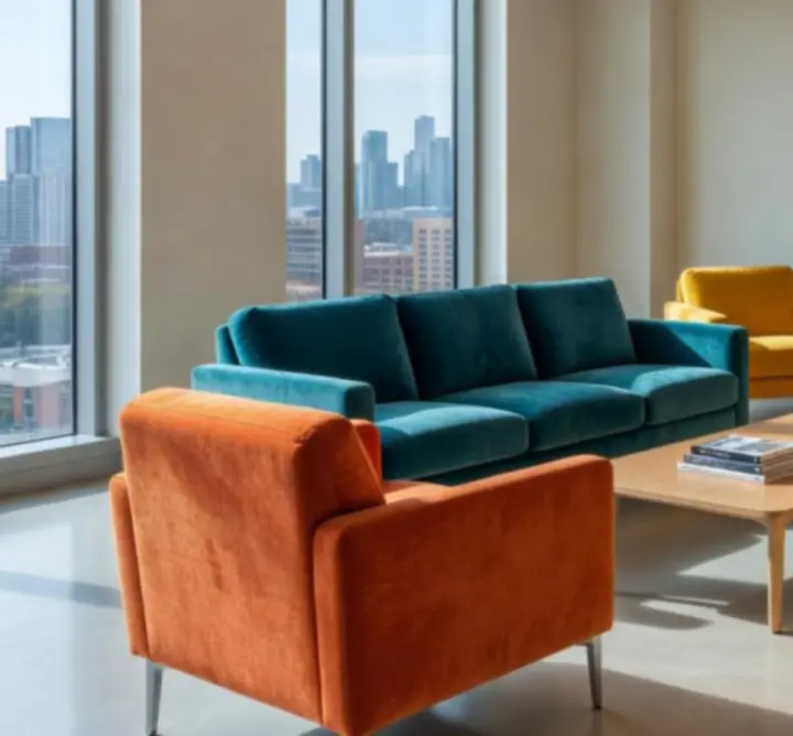 Strefa lounge w biurze po profesjonalnym czyszczeniu tapicerki