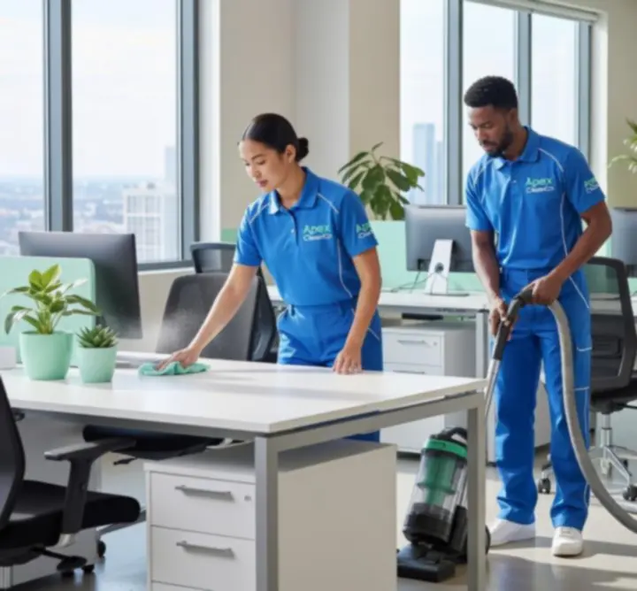 Zespół sprzątający przygotowujący nowoczesne biuro do pracy