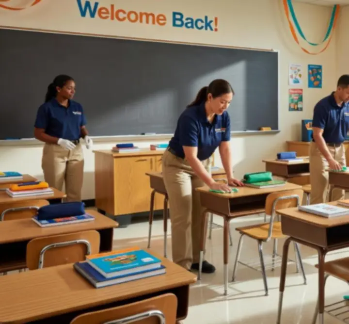 Zespół sprzątający przygotowujący czyste sale lekcyjne w szkole